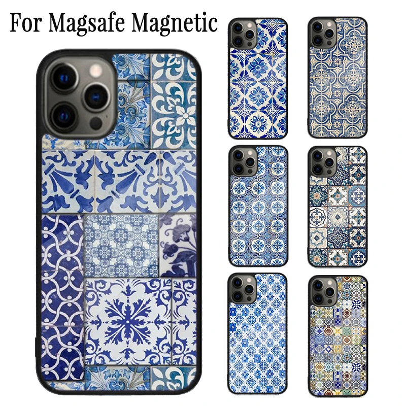 Moroccan Tiles Pattern Magnetic Phone Case Coque For iPhone 16 15 14 Plus 13 12 Mini 11 Pro Max Magsafe Wireless Charging Cover