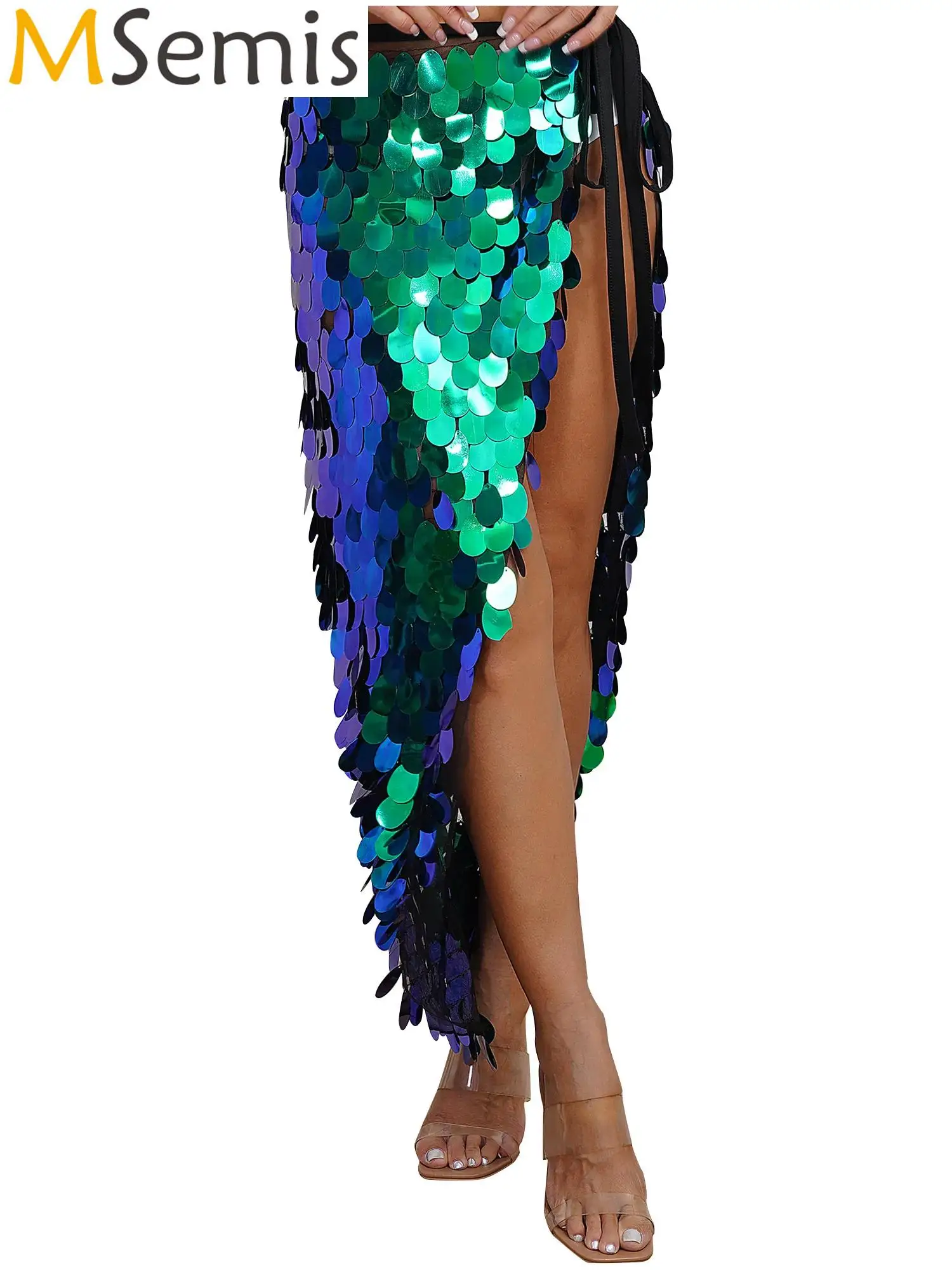 

Womens Halloween Long Belly Dance Hip Skirt Sparkly Sequin Lace-Up Mermaid Hip Scarf Wrap Festival Dance Bollywood Costumes