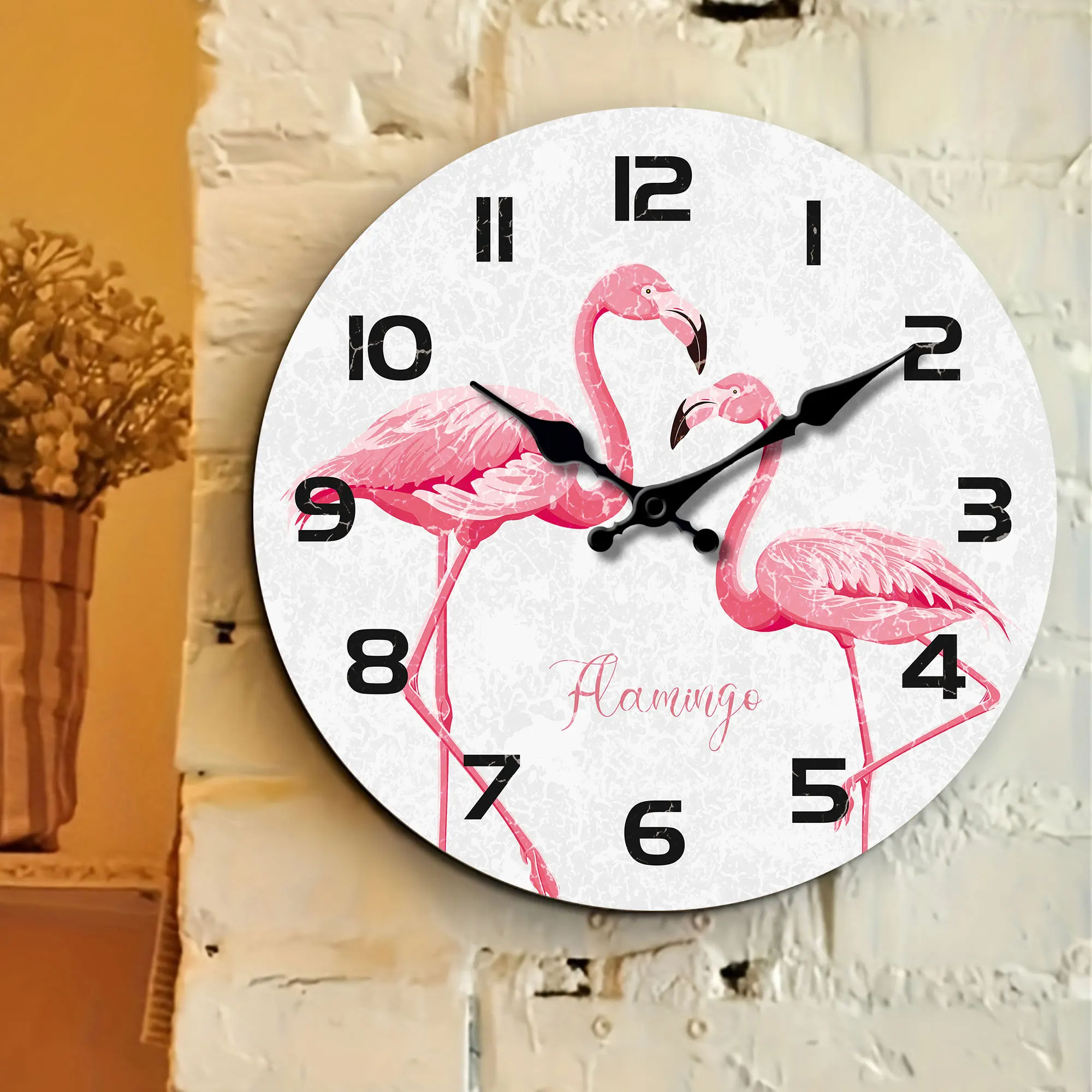 1pc round wooden wall clock, two pink flamingo patterns and Arabic numerals design wall clock, silent clock, for living room bed