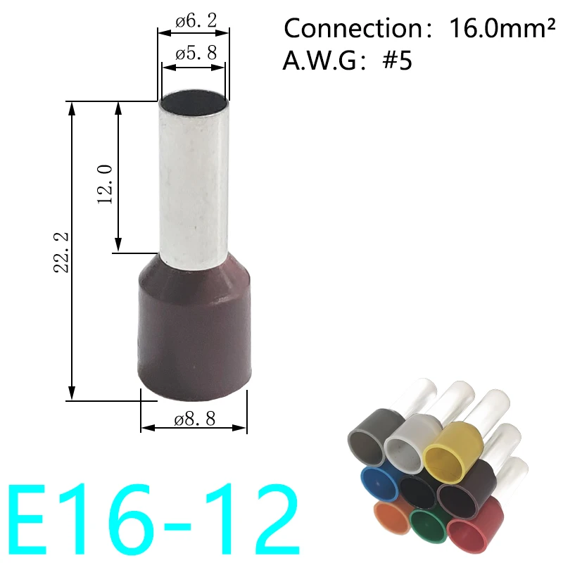 (500PCS/Bag) 9Colors 5AWG 16mm² Brass Insulated Ferrules Crimp Terminal E16-12 Block Cord End  Electrical Wire Connector