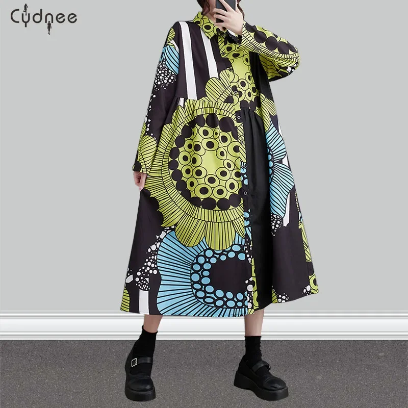 Print Button Front Dress Women Summer Plus Size New Loose Oversized Patchwork Style Artistic Mid Length Dress