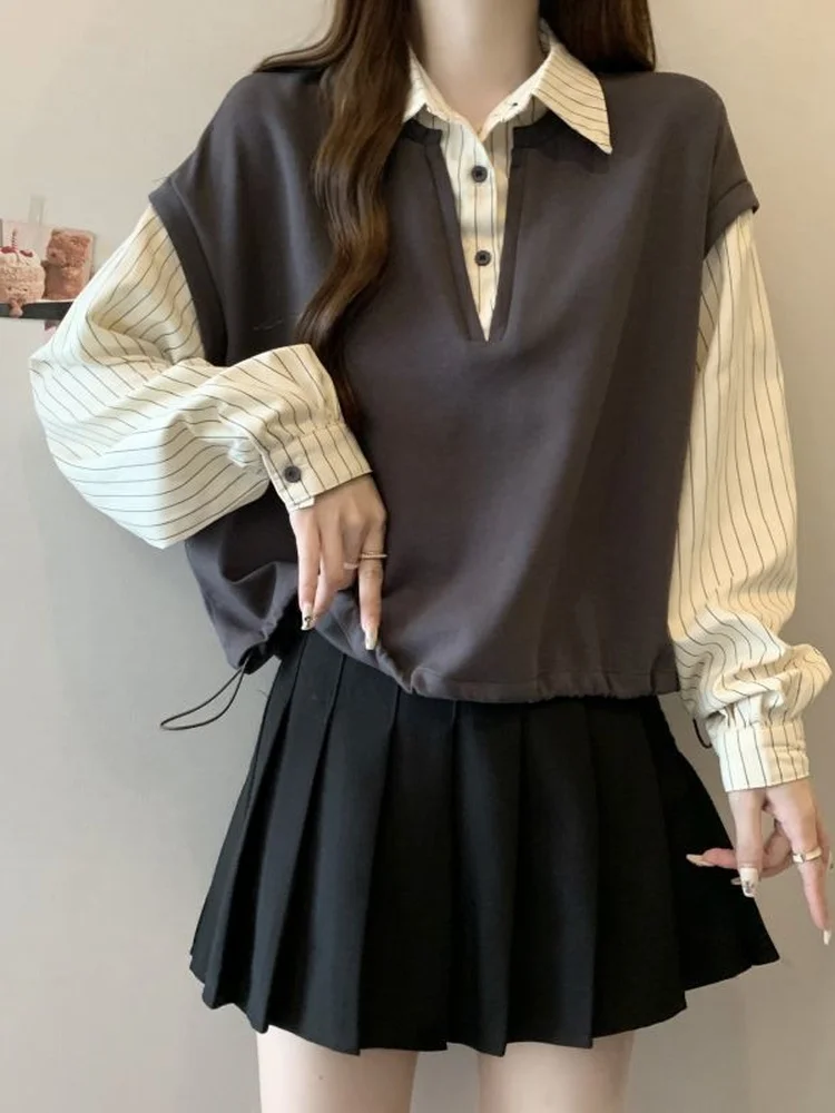 

plus Size Women's Striped Ne Base irt And Vest Fake Two-Piece Set Slimming Spring Autumn Korean Sle Loose Fit Long...