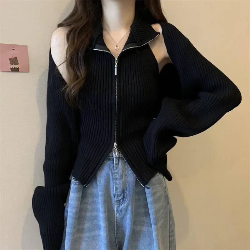 

New Spicy Girl Set Knitted Cardigan Shoulder Jacket Women's Autumn Slimming and Stylish Tank Top Two Piece Set