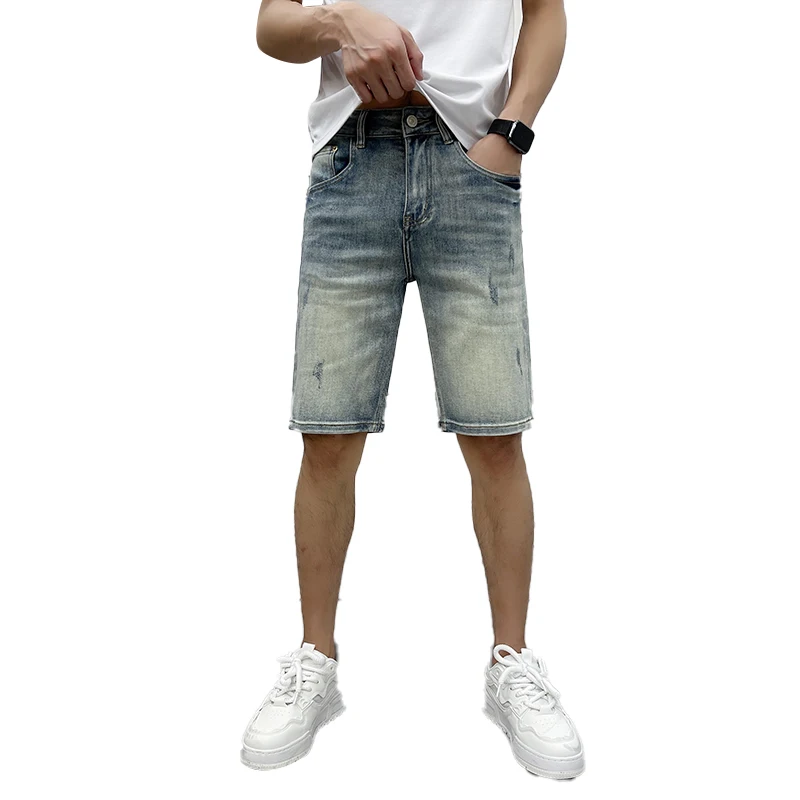 2024 Summer thin section retro light blue denim shorts high-end trend fashion leisure loose straight MEN'S pants 7 pants
