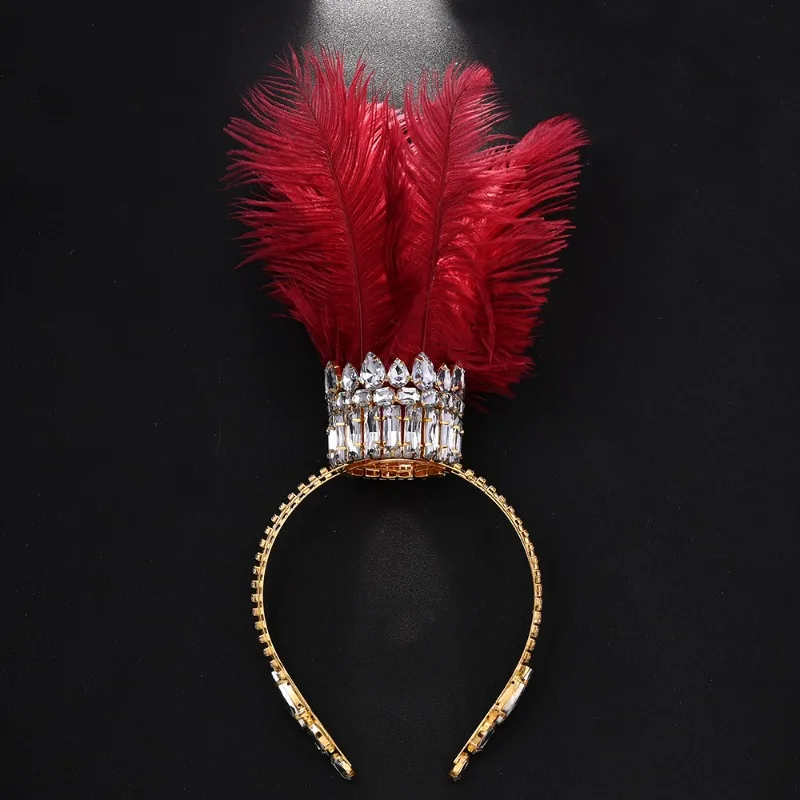 Fashion White Feather Crown Tiara Drag Queen Performance Accessories Oversize Headband Rhinestone Headpiece Jewelry Cosplay Gift