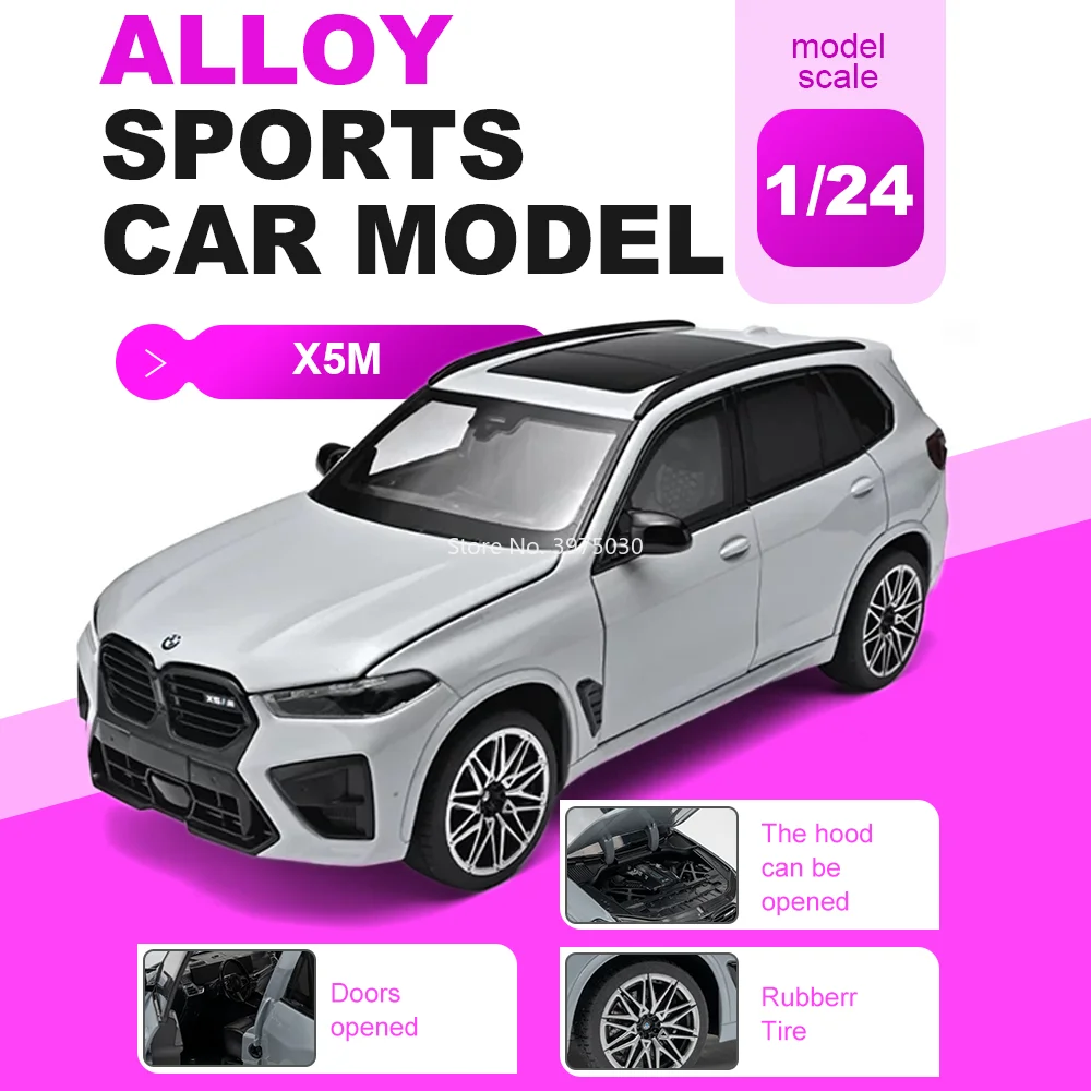 

1:24 BMW X5M Alloy Diecast Car Miniature Model Toy Doors Opened Front Wheel Steering Sound Light Pull Back Vehices Toys for Boys