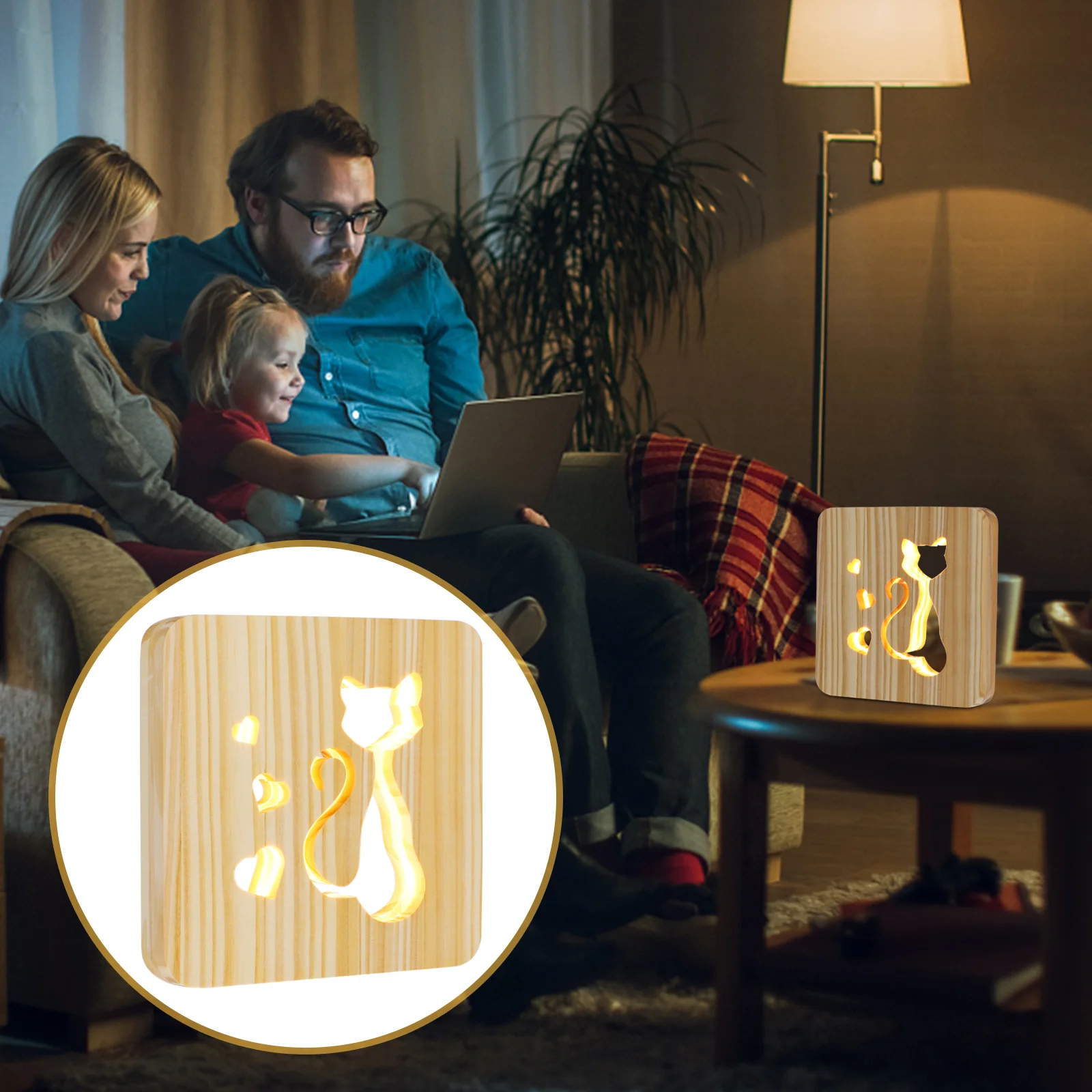 

1Set Wood Hollow Out Table Lamp Decorative LED USB Light Safe Eye Protection Table Light for Holiday Party Bedroom