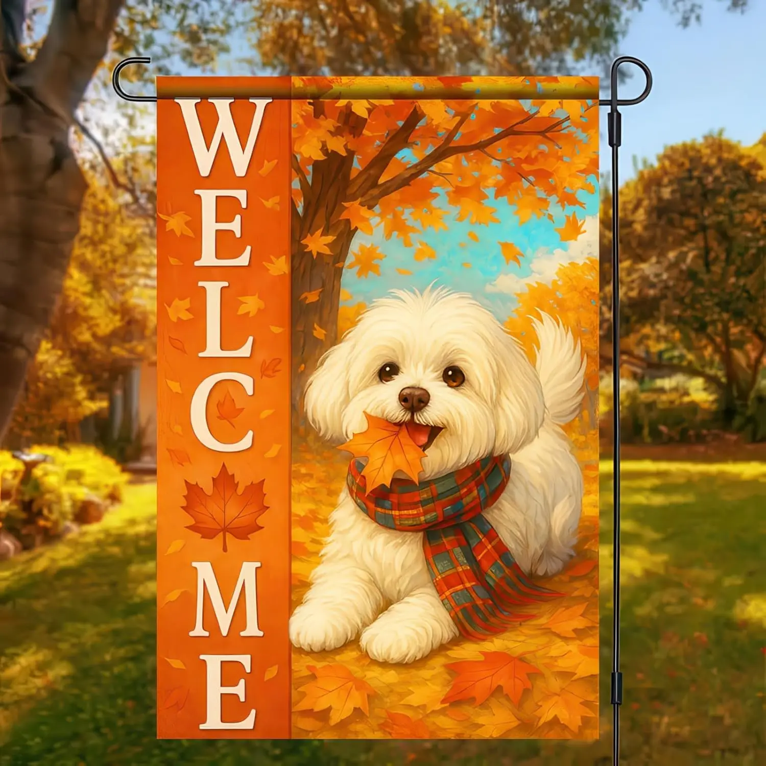 Thanksgiving Fall Garden Flag 12x18 Inch Welcome Bichon Frise Dog Outdoor Flag Double Sided Autumn Puppy Yard Banner with Pl UUN