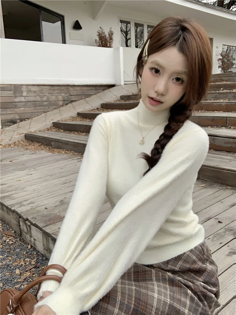 

Korean Sle Autumn Winter New Loose Casual Knitted f High Collar Faux Mink Base irt Pure Color Women's Sweater