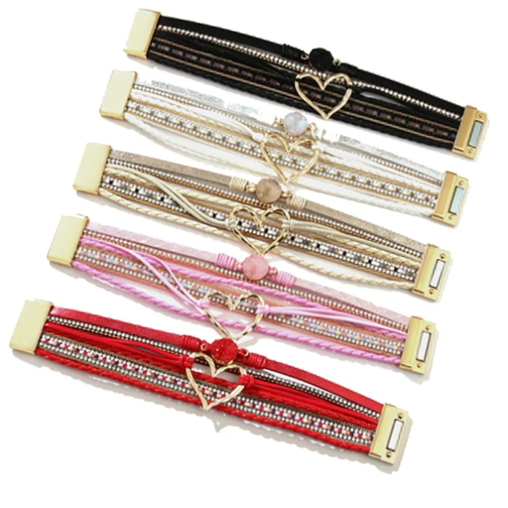 2024 Hot-selling Bohemian Multi-layer Leather Bracelet Handwoven Bracelet Gold Big Love Ladies Bracelet