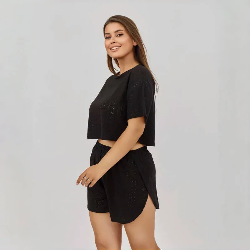 

Women's Large Size Pajamas Hollow Design Fashion Sexy Comfortable Loose Short-sleeved Shorts Homewear Two-piece suit