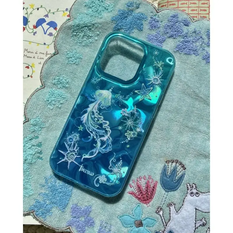 Coque Anti-Chute en Papier Laser Effet Méduse Cristalline Niche Océanique pour iPhone 17 Air 16 15 14 13 12 11 Pro Max Plus MINI