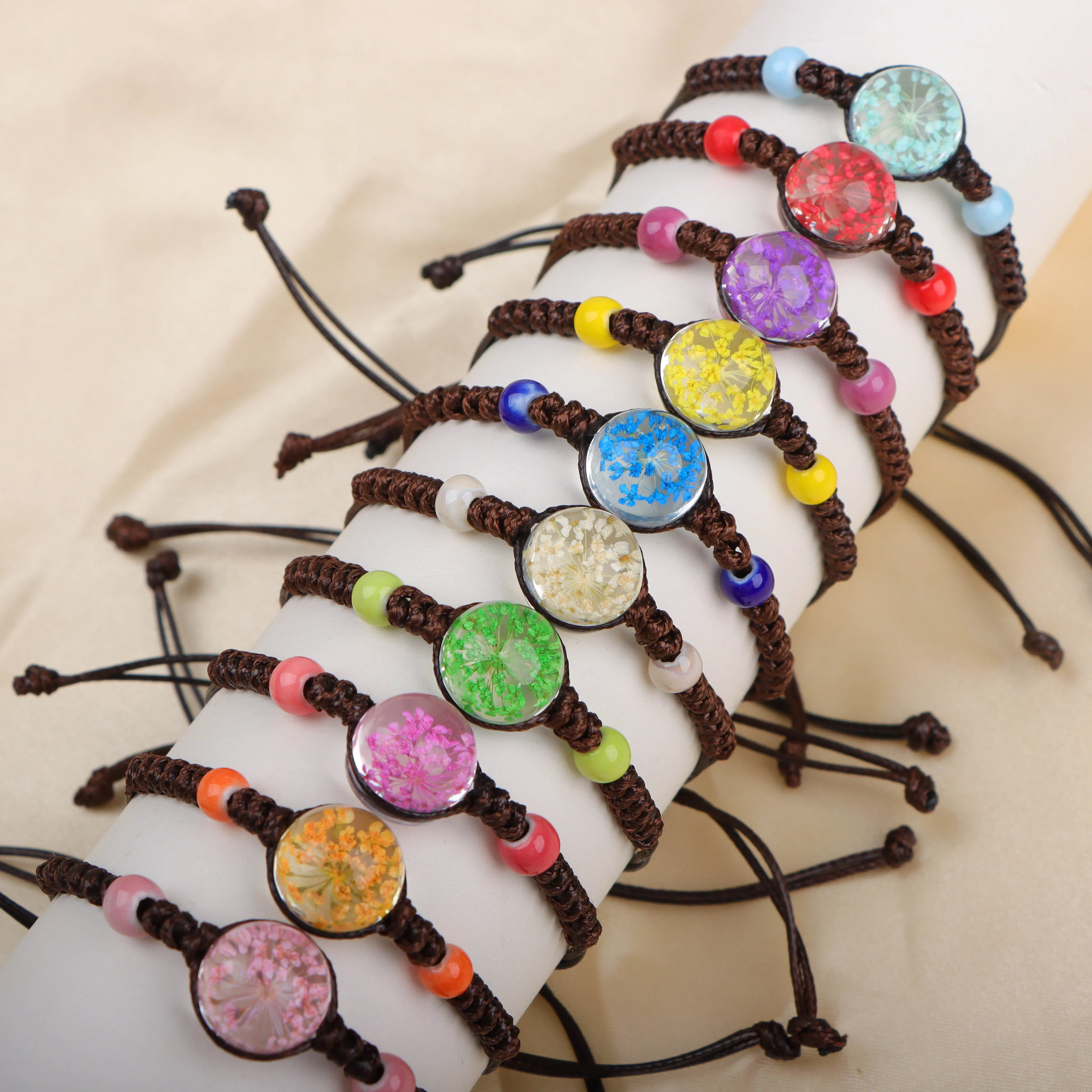 10Pcs/Lot Fashion Women\'s Woven Ceramics Bracelet Vintage Dried Flower Rope Men Jewelry Accessories Party Couple Friendship Gift