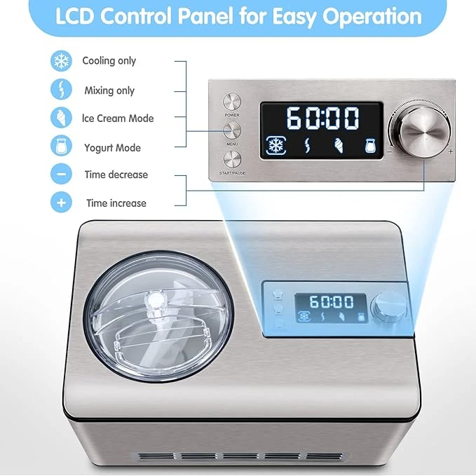 2.2-Quart Ice Cream Maker with Compressor, No Pre-Freezing, Stainless Steel Ice Cream Maker Machine with LCD Display, Timer