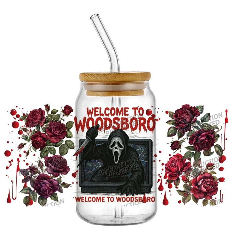 

New Halloween Scream Ghostface 16oz Libbey Glass UV DTF Cup Wrap Washable DIY Mug Sticker Festival decorations