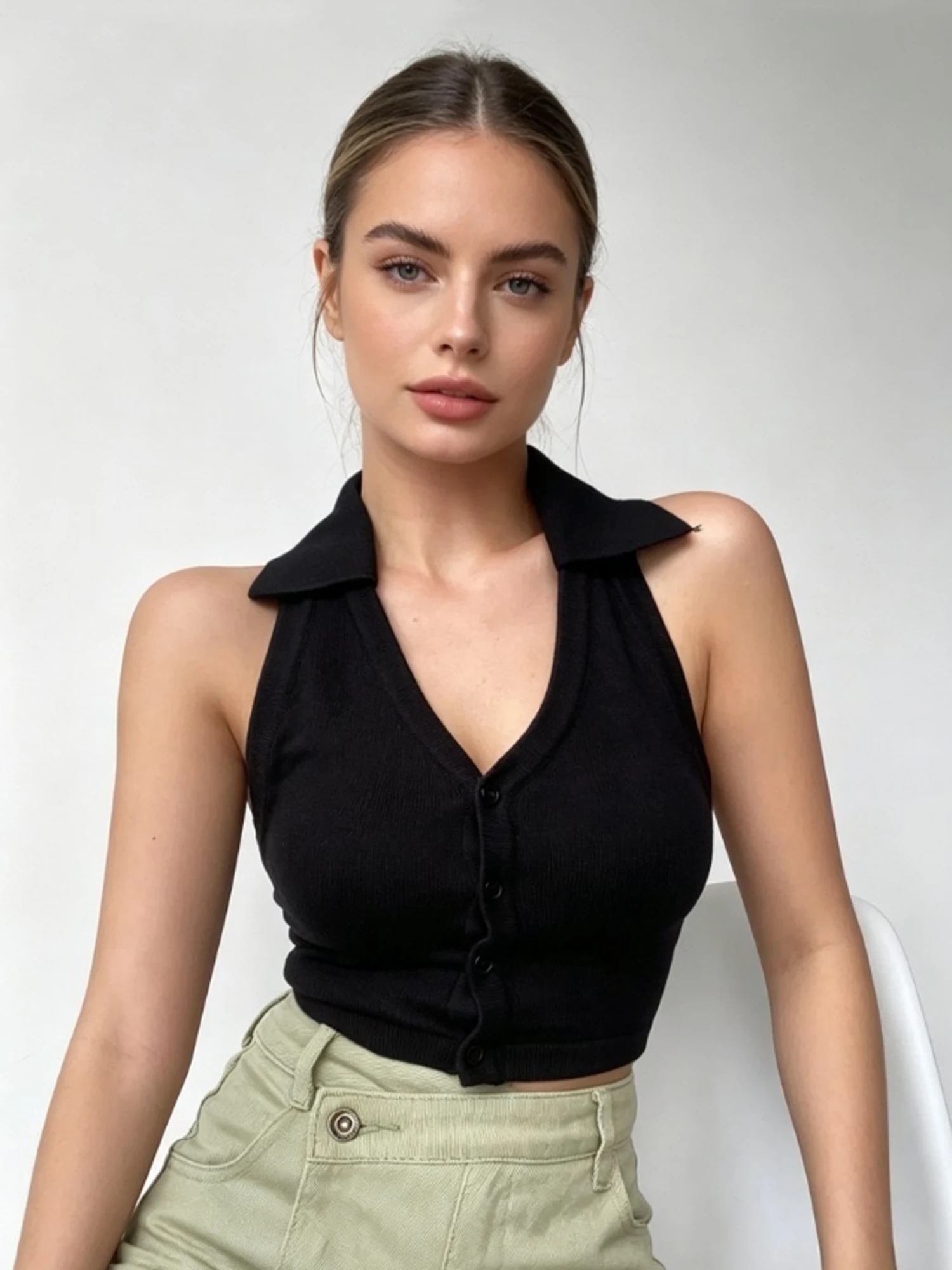 Women's Black Gothic Halter Camisole Y2K Gyaru Emo Cami Top Vacation Style Elegant Off Shoulder Sleeveless Cami Tank Top Summer