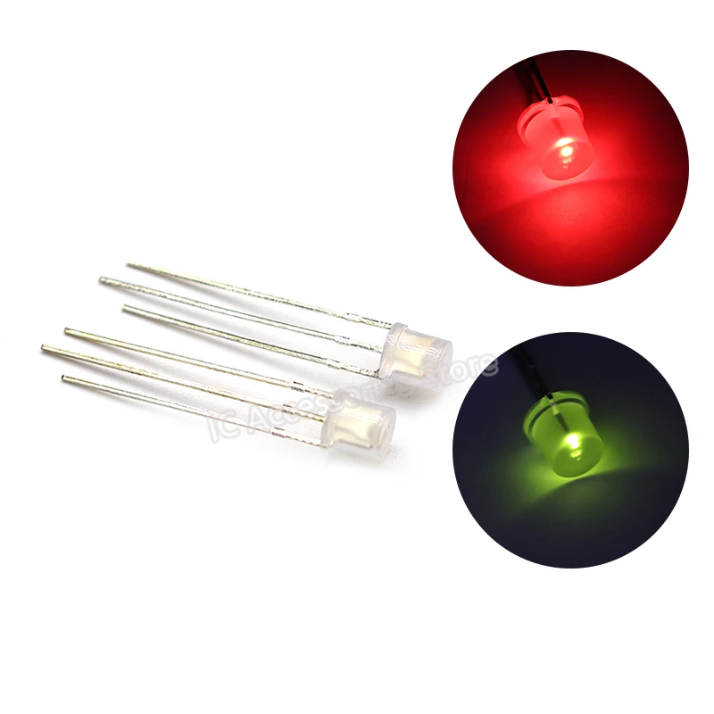 100pcs 5MM red and green two-color LED light-emitting diode flat head fog-shaped edged 3pins F5 two-color common cathode