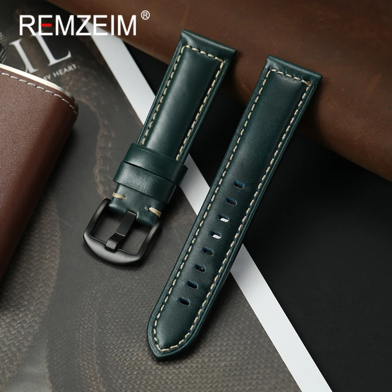 

Men's Black Red Oil Wax Skin Leather Watchband 20mm 22mm 24mm 26mm Watch Strap Vintage Handmade Replacement Wristband