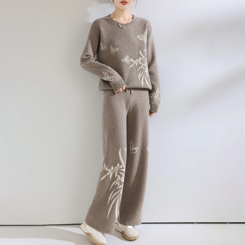 

Женский комплект из 2 предметов: свитер и брюки из 100% мериносовой шерсти, новый уютный осенне-зимний жаккардовый костюм (пуловер и брюки)