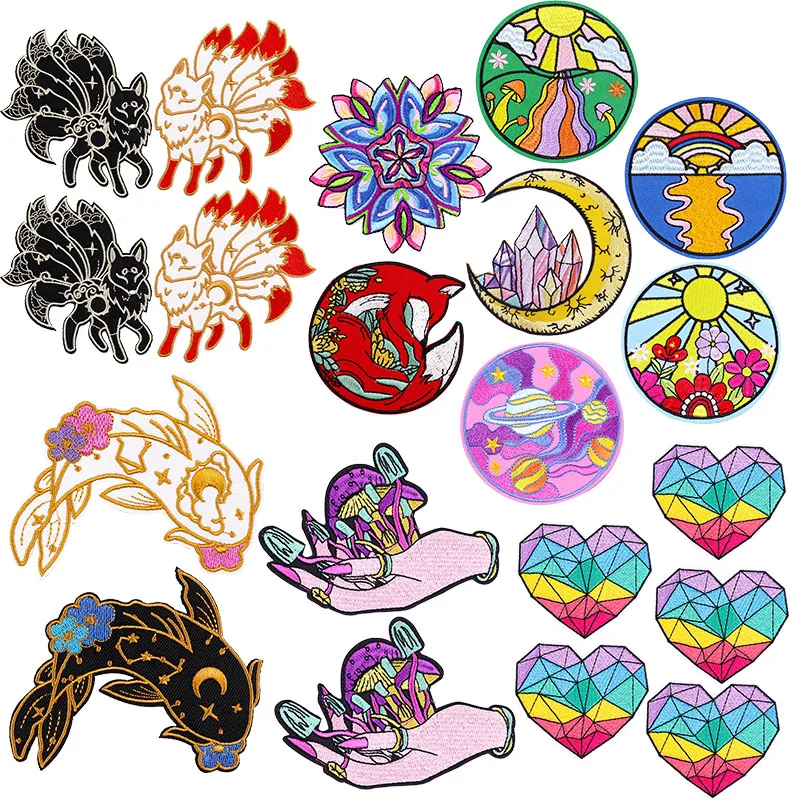 10 teile/los Großhandel Landschaft/Tiere Stickerei Patch Eisen auf Patches für Kleidung Thermo kleber Patches auf Kleidung Aufkleber