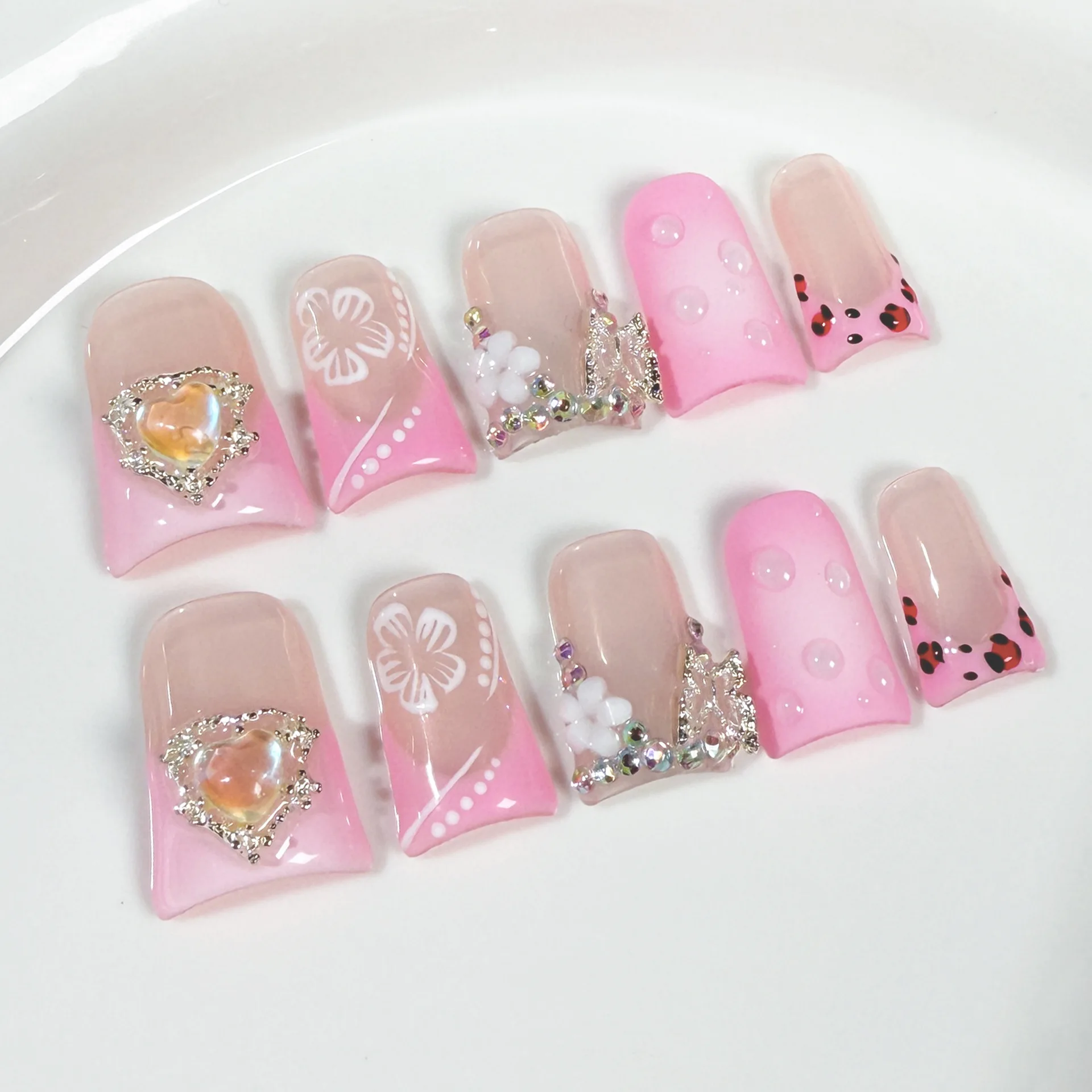 10st glitter vlinder handgemaakte kunstnagels sets bloem diamant ontwerp Franse korte eendenbek nep nagel tips roze druk op nagels