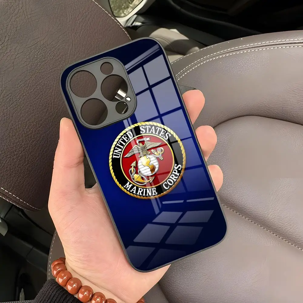 Funda de teléfono USMC Marine Corps para IPhone 15 Pro Max 14 Pro 12 16 11 13 Mini X XR XS 8 7 Plus SE cubierta trasera de vidrio templado