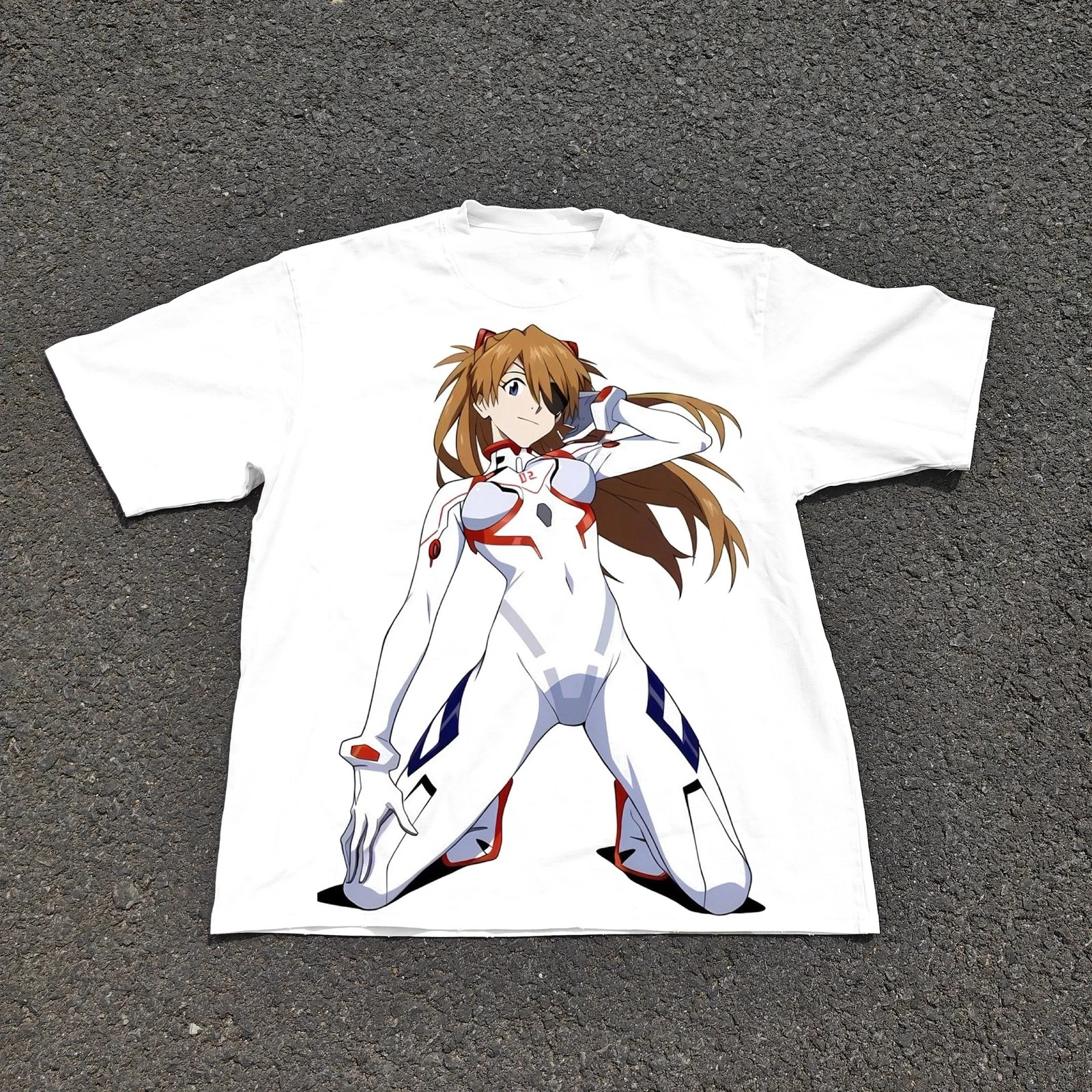 Evangelion Asuka Shikinami Weißes Plugsuit T-Shirt mit Augenklappe, 330g/m² Schweres Baumwoll-T-Shirt, Kurzarm für Männer und Frauen