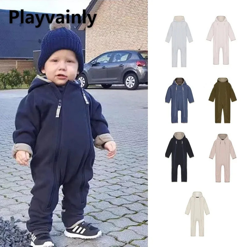

Новый осенне-зимний флисовый комбинезон для маленьких девочек и мальчиков, комбинезон с капюшоном на молнии и рукавами реглан, цельная одежда для младенцев, одежда для ползания A5292