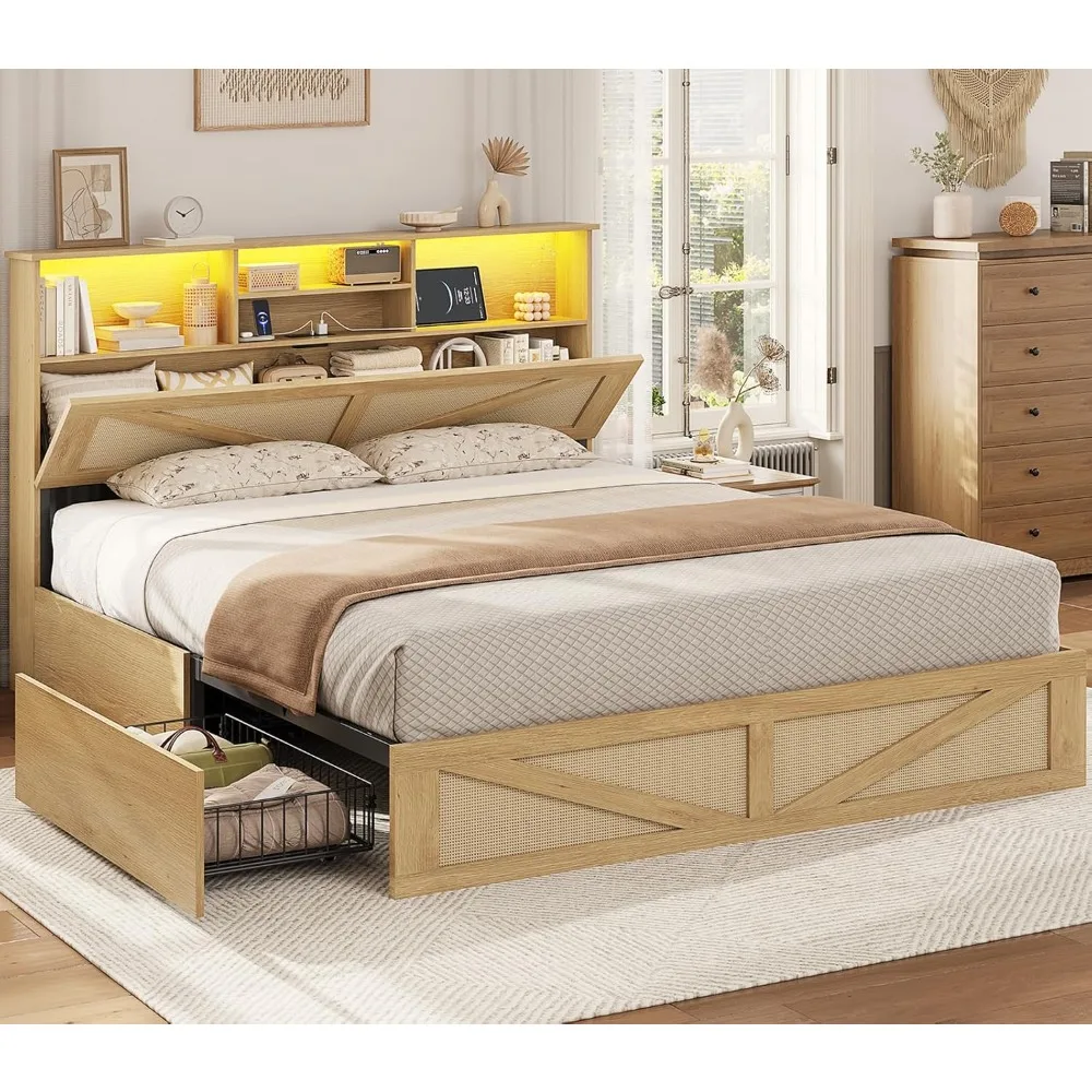 Rattan Bed Frame Full Size With Bookcase Storage Headboard, Charging Station And Led Lights, Wooden Full Bed Frame With 4