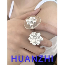 HUANZHI French Vintage White Imitation Pearl Flower Resin Ring Cute Y2K Ring Fashion Personalised Jewelry for Women Girls New
