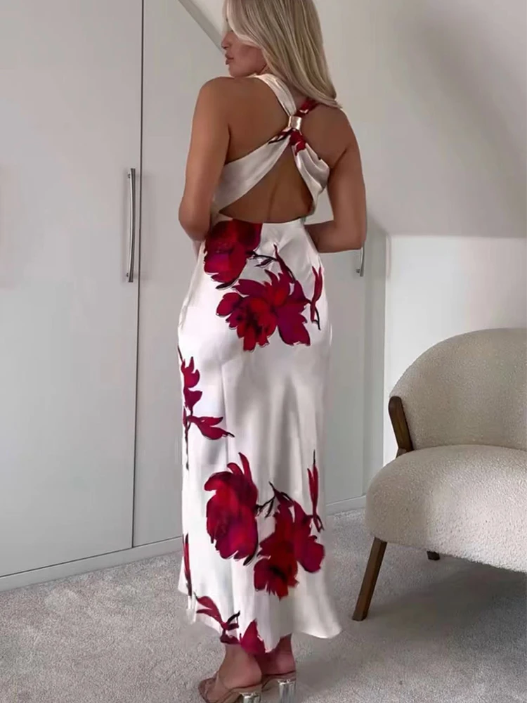 TRAF Elegant Women Floral Printed Midi Dress Summer Pile Collar Sleeveless Backless Dress Fashion Slim Beach Evening Party Dress