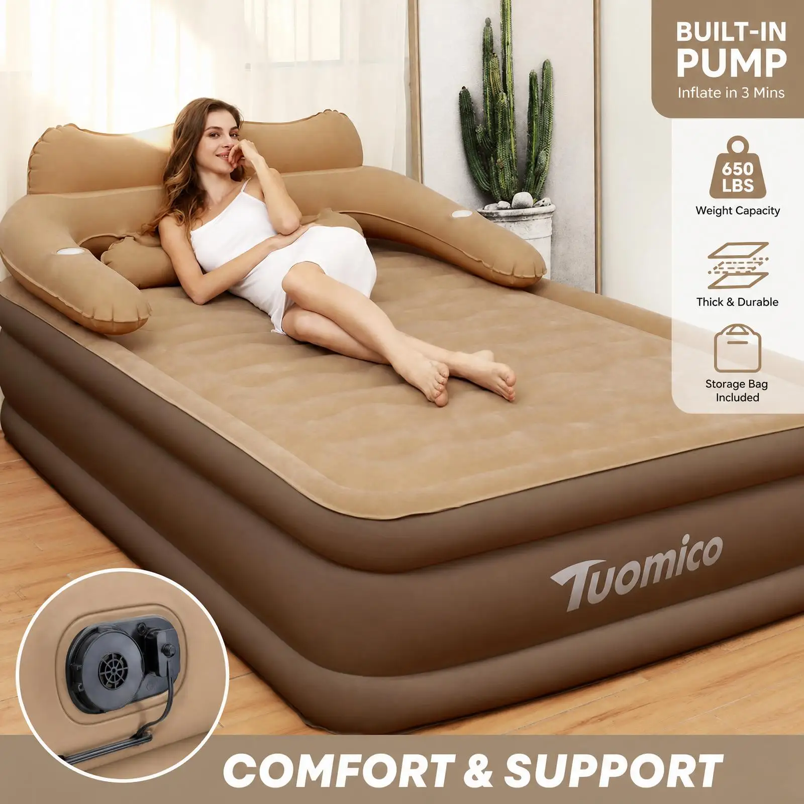 203cmx152cmx48cm Automatycznie składane dmuchane łóżko dla 2 osób z wbudowaną pompką, materac kempingowy z PVC, leniwa mata do spania, podwyższona wysokość, pogrubiona, do użytku wewnątrz i na