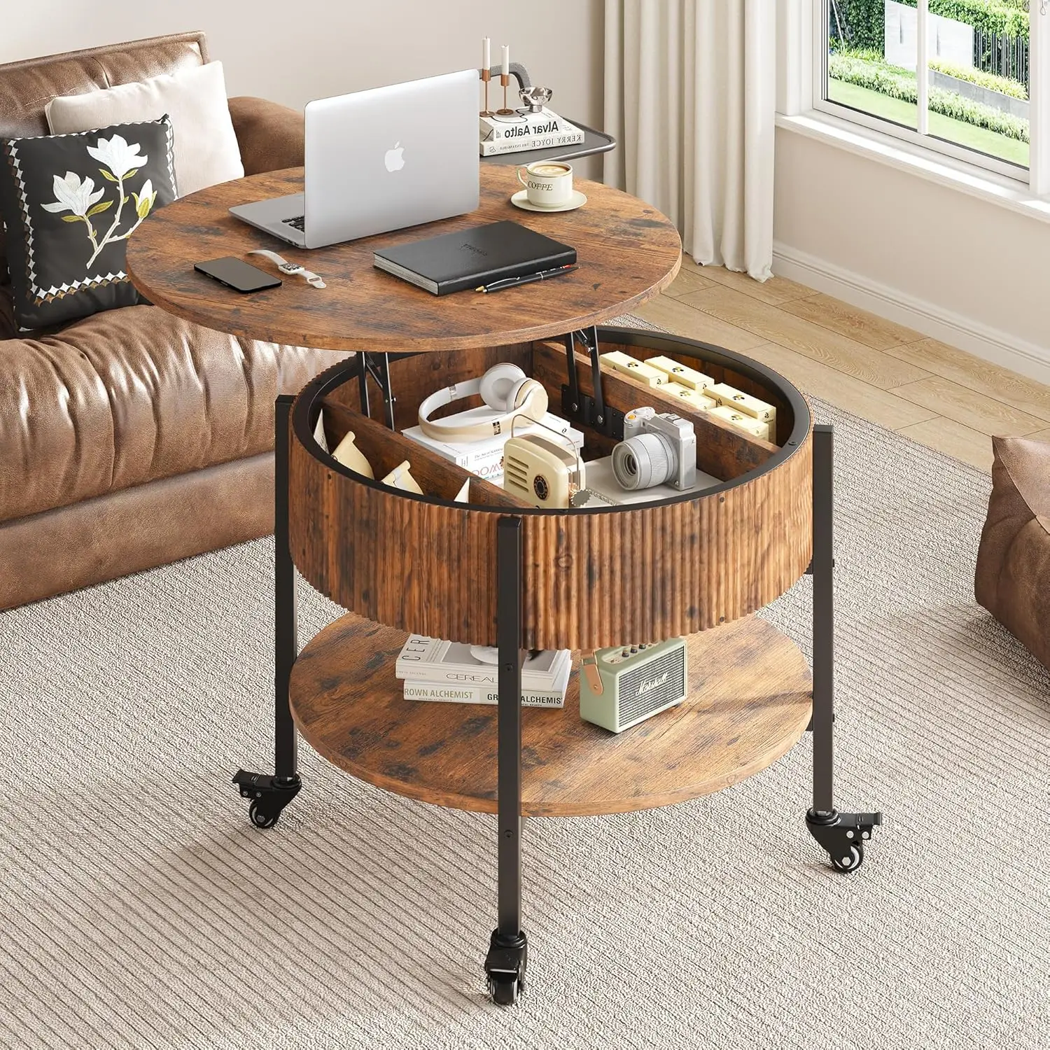 

26.77” Brown Rustic Round Coffee Table - Fluted Lift Top Table with Storage, Ideal for Living Room/Home Office