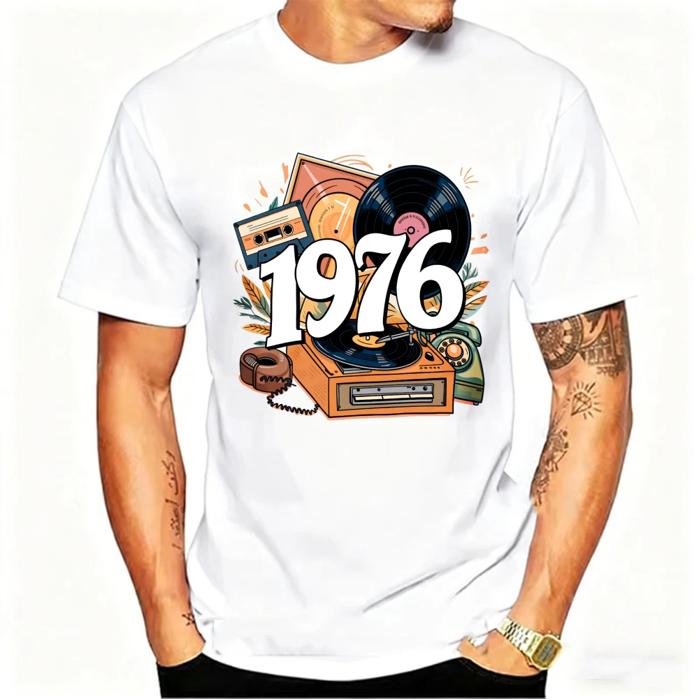 Vintage Music Tribute 1976 Designed A Vibrant Collage of Vinyl Records Cassette Tapes and Classic Analog Tech Short-sleev