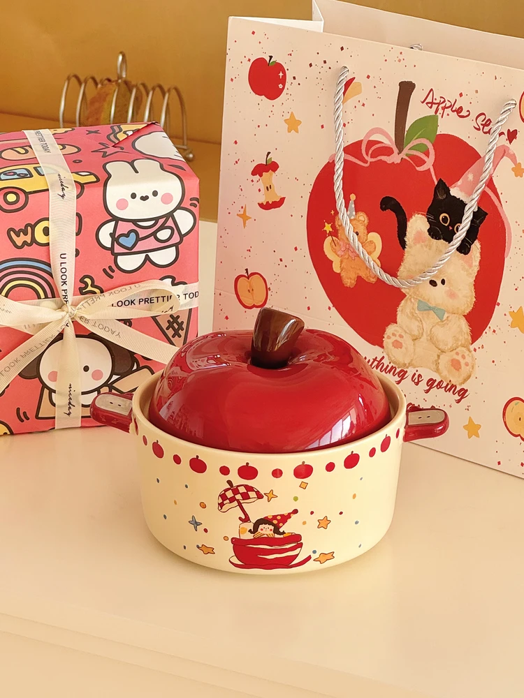 

Large Capaci Cerc Noodle Bowl Red Girl Design Cute Breakfast Bowl Birthday Gift for Girls Cartoon Patterned Bowl