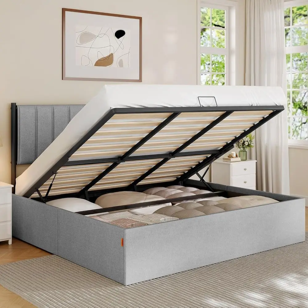 King Size Hydraulic Platform Bed with Upholstered Headboard, 1100 lb Capacity, No Box Spring Needed, Easy Assembly, Gray