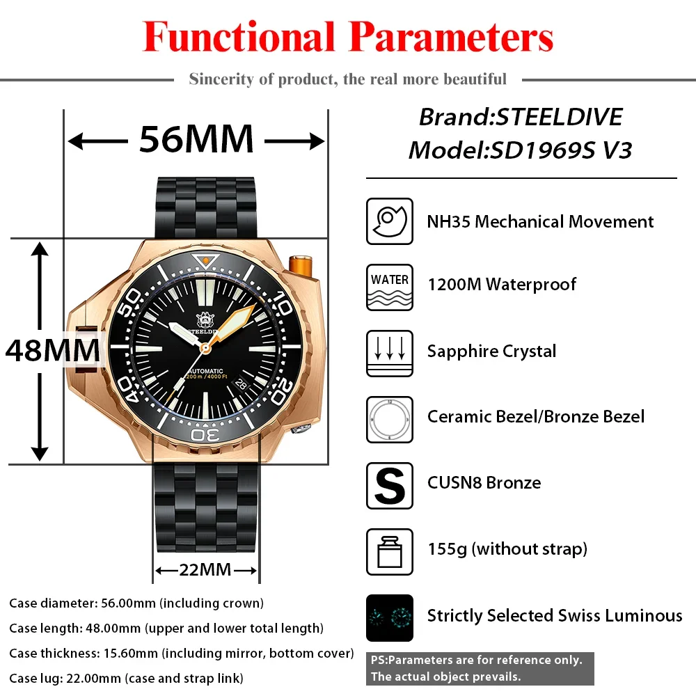 STEELDIVE SD1969S Bronze Mechanical Watch Bi-directional Bezel 1200M Water Resistant Dive Wristwatches For Men Super Luminous