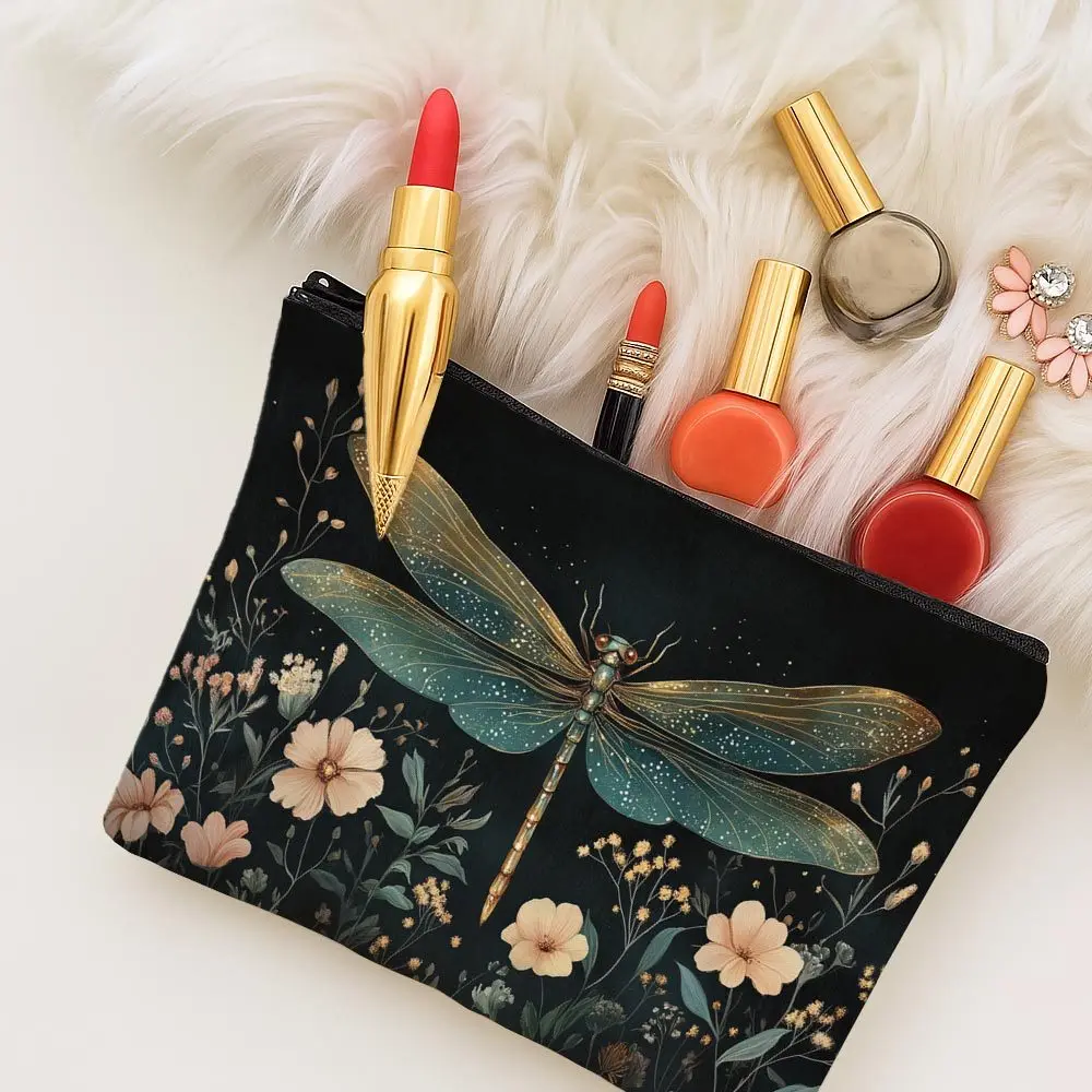1pc Vintage Dragonfly Floral Makeup Bag,Cosmetic Pouch,Perfect for Daily,Travel,Makeup Storage,An Elegant Gift for Nature Lovers