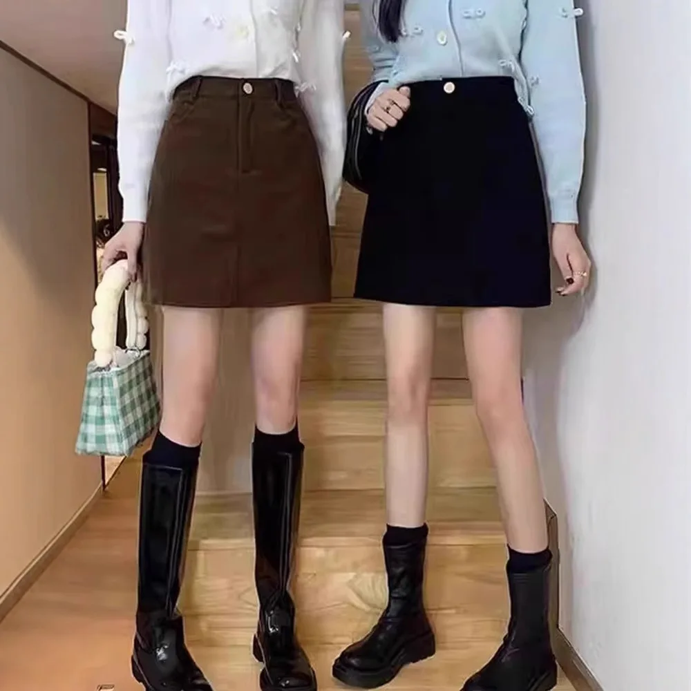 Half length Skirt for Women Autumn Winter Black Brown Hip Wrap Skirt High Waist Looks Thin and Tall A-line