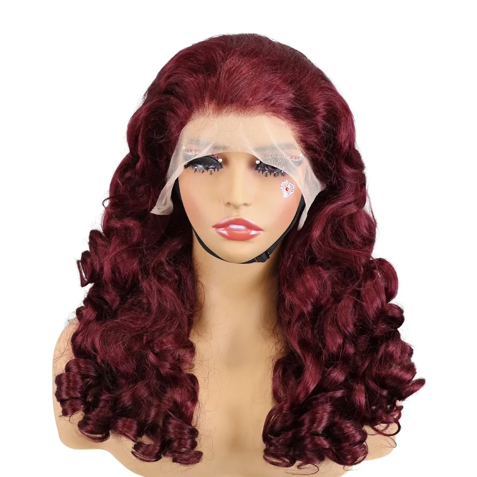 

99J Glueless Bouncy Loose Human Hair Wigs 13x4 Transparent Lace Frontal Loose Wave Wig 300% Density Burgundy Remy Hair On Sale