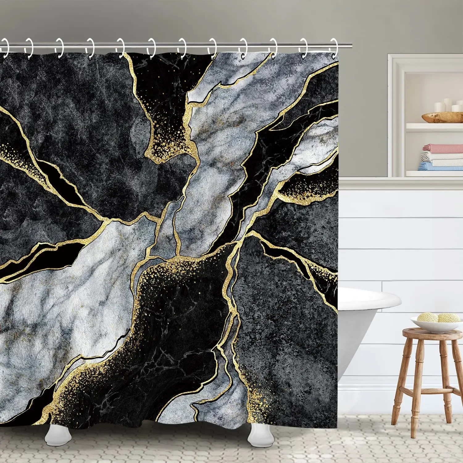 Grey Gold Marble Ink Texture Shower Curtain Set Abstract Modern Shower Curtain for Bathroom Decor Waterproof Washable Fabric