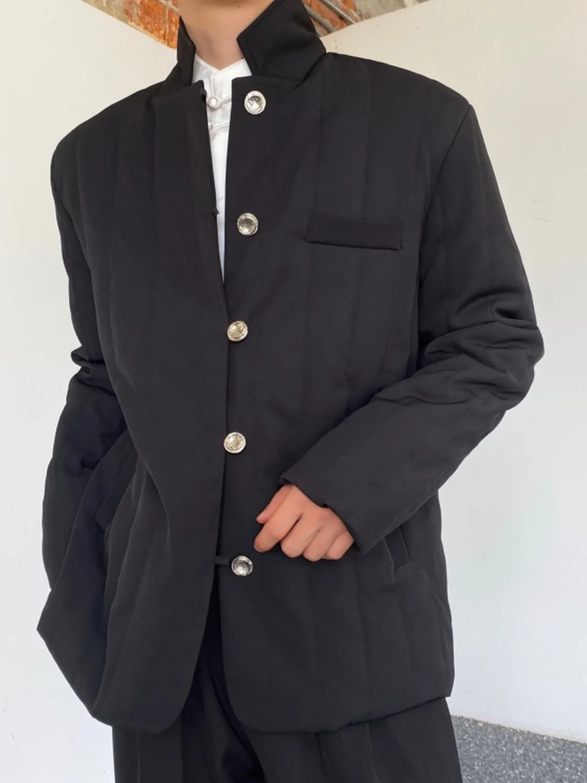 

Retro Stitched Cotton Jaet Men's Chinese Sle Stand Collar Simple Cool Sle Cotton Coat Ele Hipster Outerwear Trendy