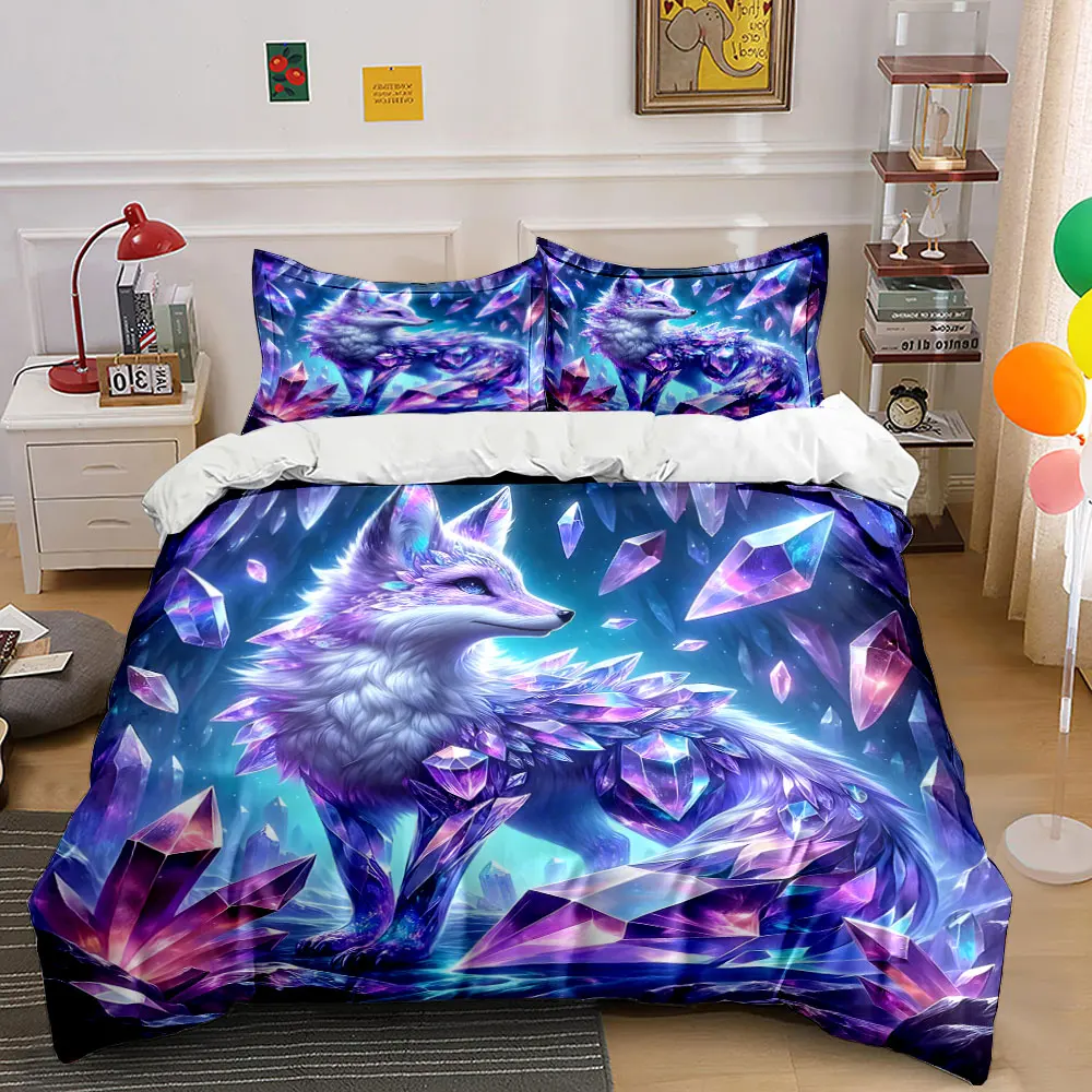 Sparkling Crystal Dream Fox Bedding Set for Kids Luxury Gift 3pcs Digital Print Comforter Set Soft Comfortable Breathable