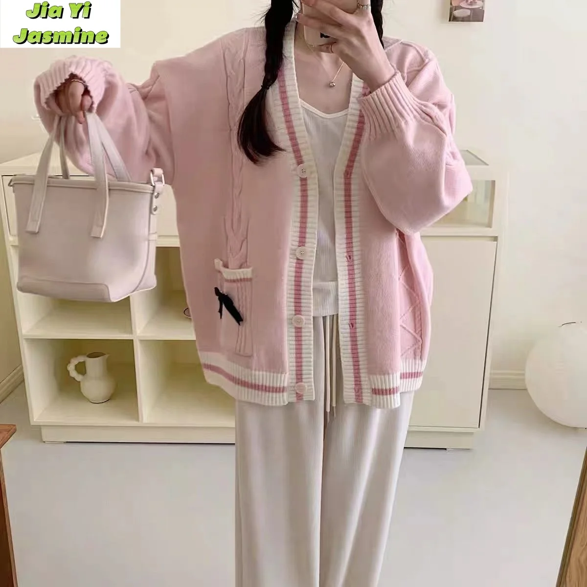 Women's Autumn and Winter New Loose Bow Lazy Style Reduced Age Knitted Sweater Cardigan Jacket