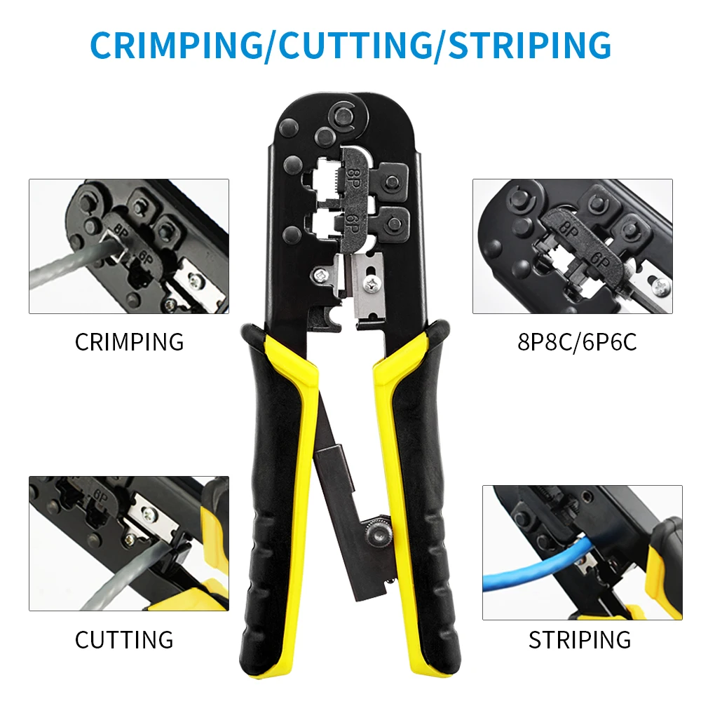 RJ45 Crimper RJ11 RJ45 Crimping Tool Ethernet Network LAN Cable Crimper Cutter Stripper Plier for 6P 8P RJ-11/RJ-12 RJ-45