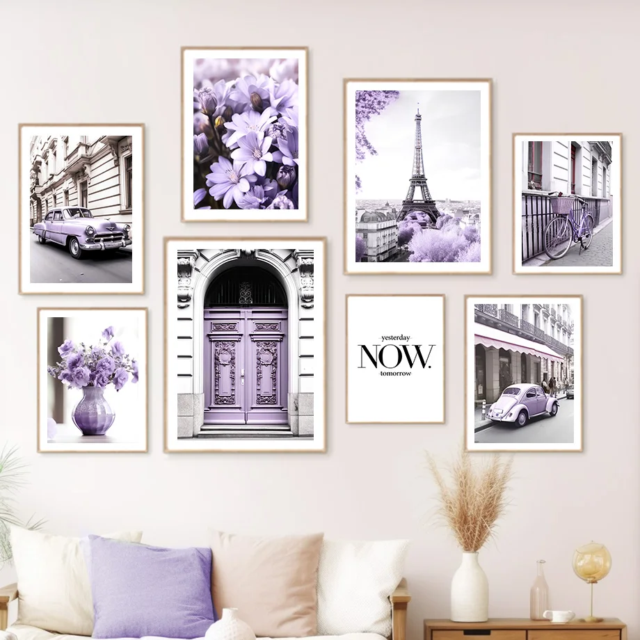 

Dreamy Purple Paris Cityscape Canvas Artwork Vintage Car and Floral Elements Living Room Decorative Posters and Prints Wall Art