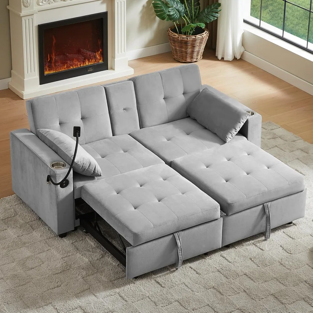 

70" Queen Size Split-Type Sofa Bed for Living Room, Pull-Out Sleeper Couch with Cup Holder, Phone Holder, Solid Wood Frame, Easy