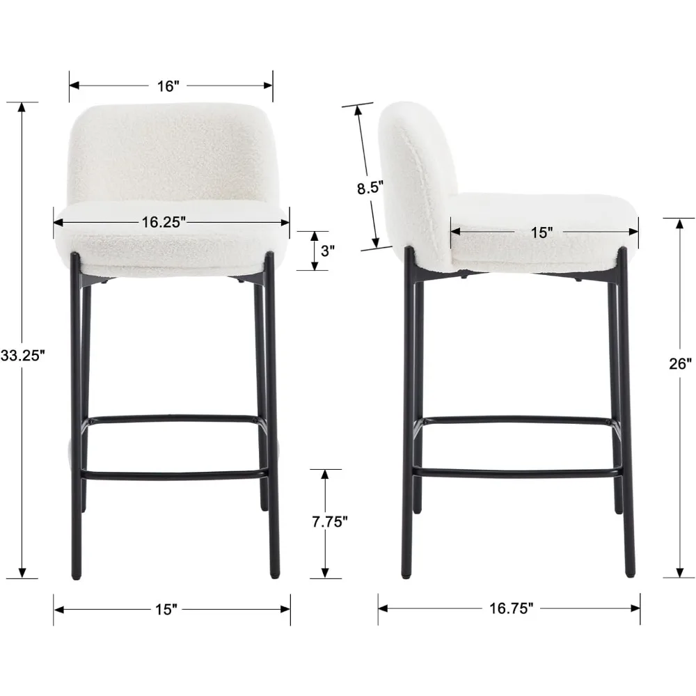 Banquetas de barra com costas curvas, pernas de metal preto, altura estofada do balcão, Sherpa branco, conjunto de 4, 26 pol, moderno