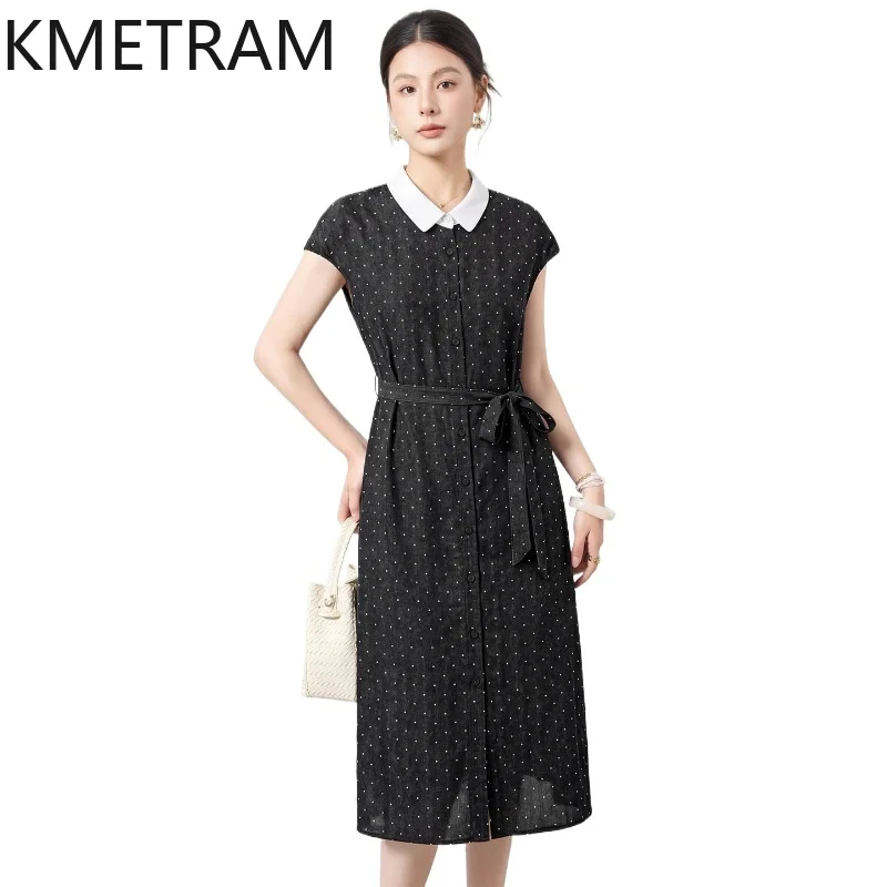 

KMETRAM 100% Real Mulberry Silk Dresses for Women Elegant Polka Dot Midi Dress Black Summer Frocks Woman Clothes 2026 ropa mujer