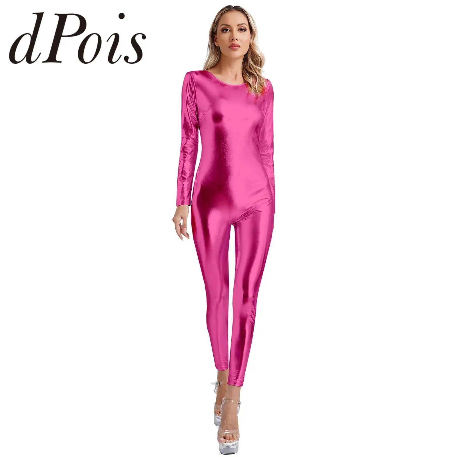 

Womens Shiny Unitard Metallic Dancewear Long Sleeve Slim Fit Full Body Bodysuit Gymnastics Jumpsuit Clubwear Festival Costumes